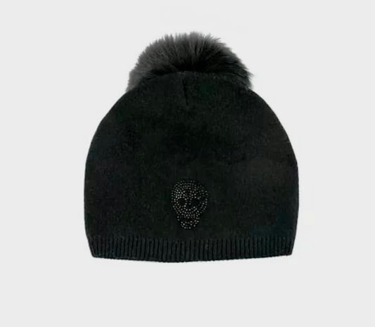 Crystal Skull knitted Hat With Fox Pom Pom, (Slouch Fit). - Susan Blake Jewelry