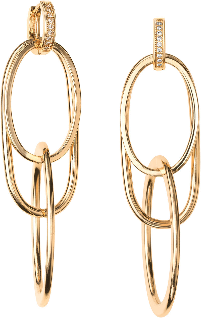 Cz Huggies With Triple Oval Links Long Hanging Earrings