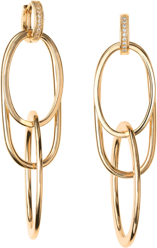 Cz Huggies With Triple Oval Links Long Hanging Earrings