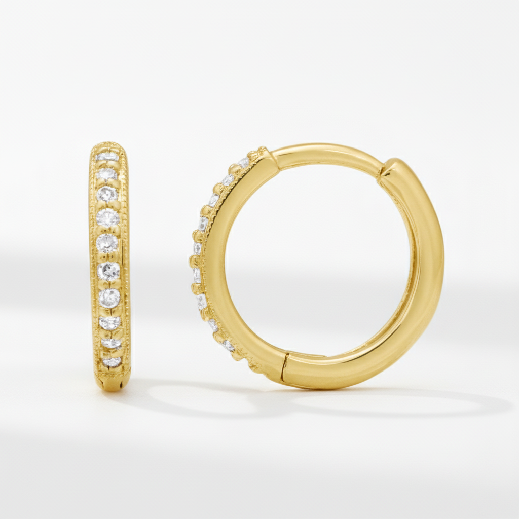 Diamond Round Huggie Earrings in Yellow Gold, alternate view 2