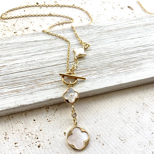 Clover quatrefoil shell pearl toggle lariat necklace