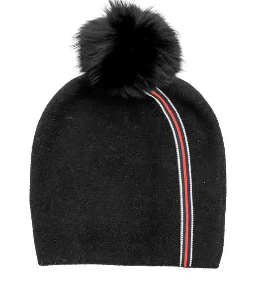 Knit Beanie With Ribbon Stripe & Fox Pom Pom..