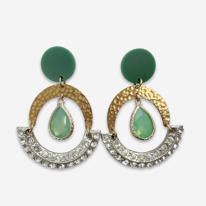 Large Refashioned sea green and clear rhinestone brass arc earrings