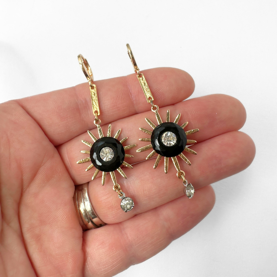 Long refashioned vintage black and gold sunburst drop earring, alternate view 2