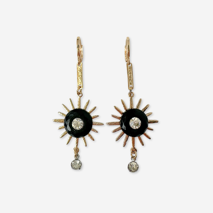 Long refashioned vintage black and gold sunburst drop earring
