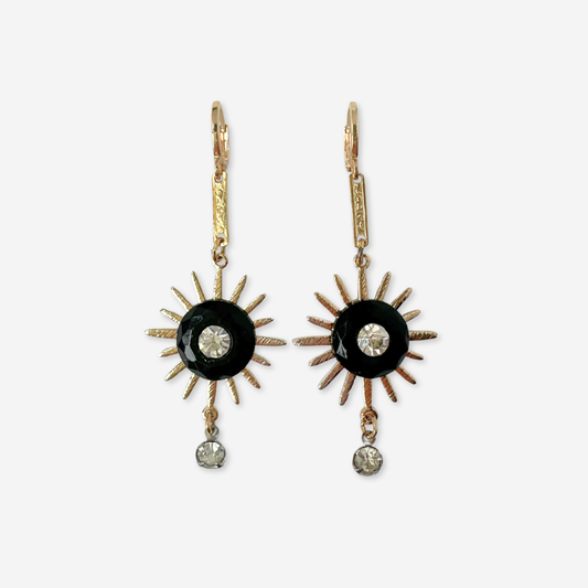 Long refashioned vintage black and gold sunburst drop earring