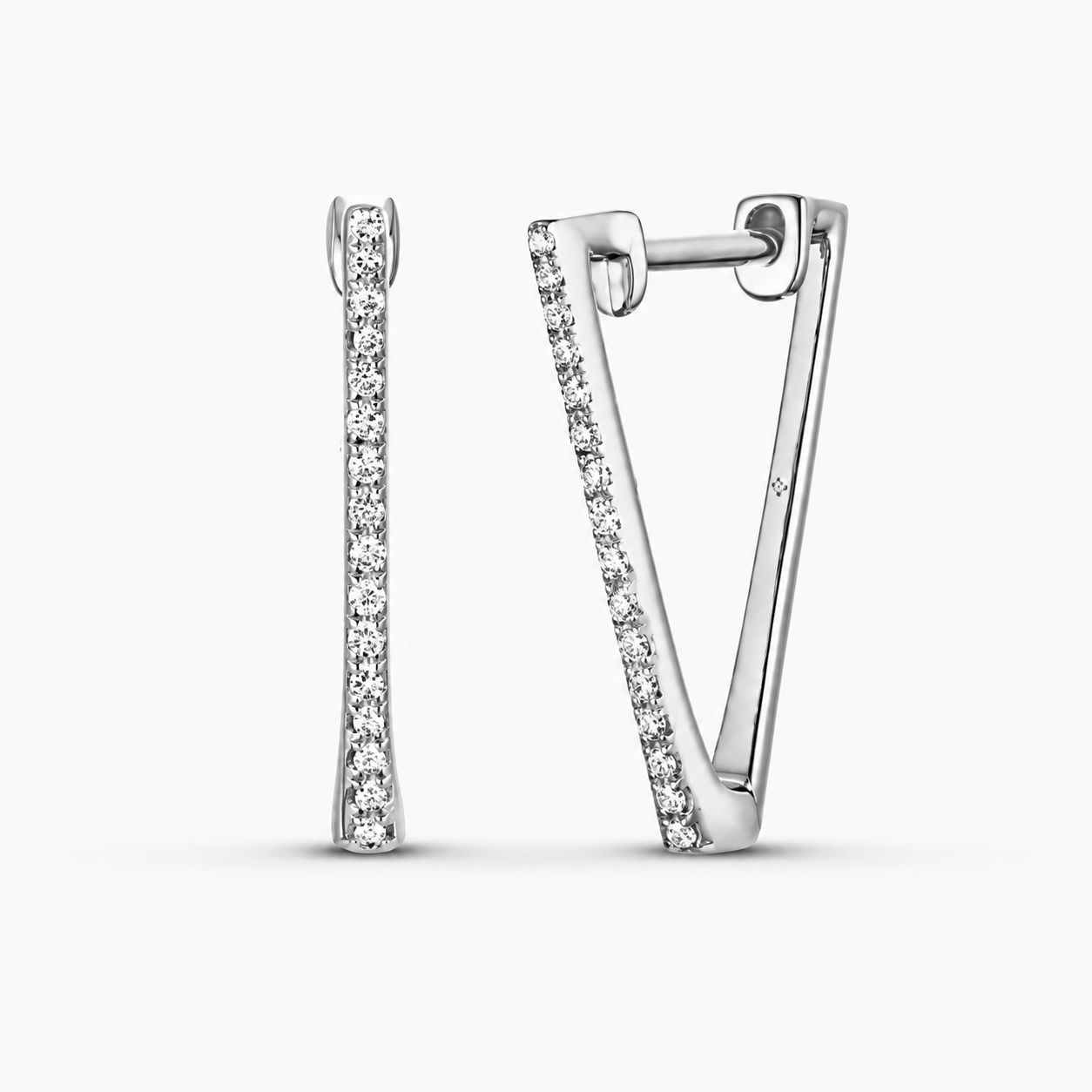 14k white gold diamond V huggie earrings