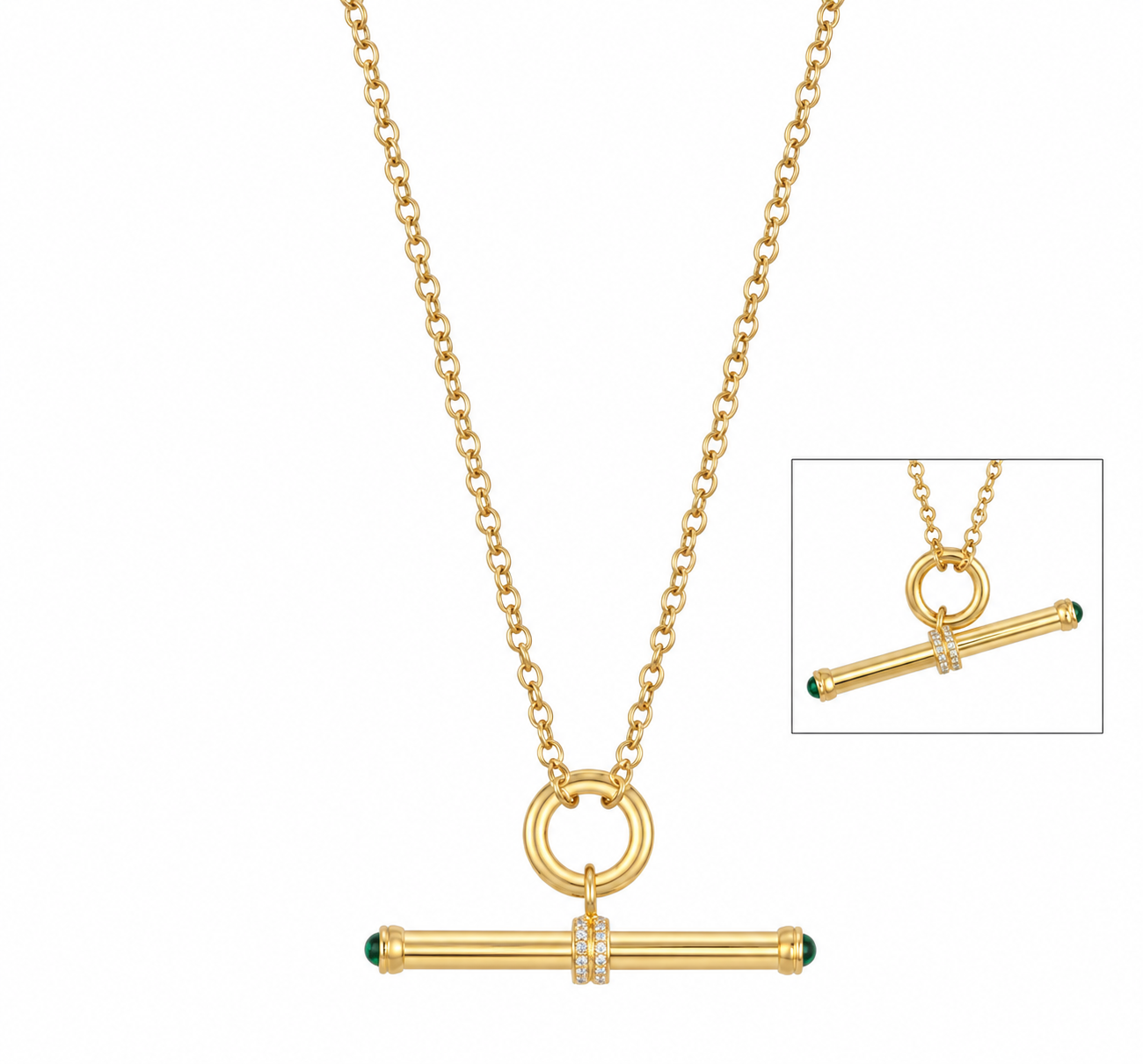 14K yellow gold emerald and diamond toggle necklace on substantial rolo chain