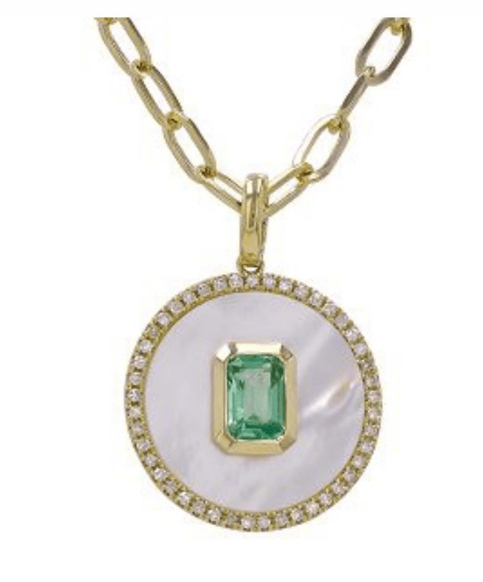 Mother of Pearl + Tsavorite Yellow Gold Pendant Necklace