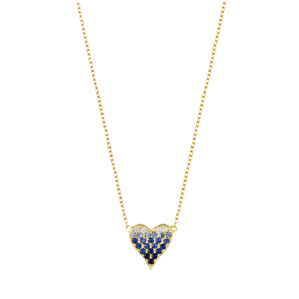 Ombre Blue Sapphire Pavé Diamond Heart Necklace in White Gold