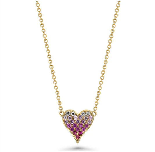 Ombre Pink Sapphire Pave Diamond Heart Necklace