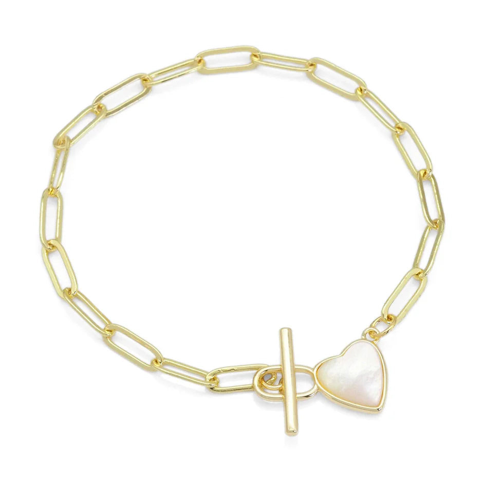 Paperclip mother of pearl heart toggle brac
