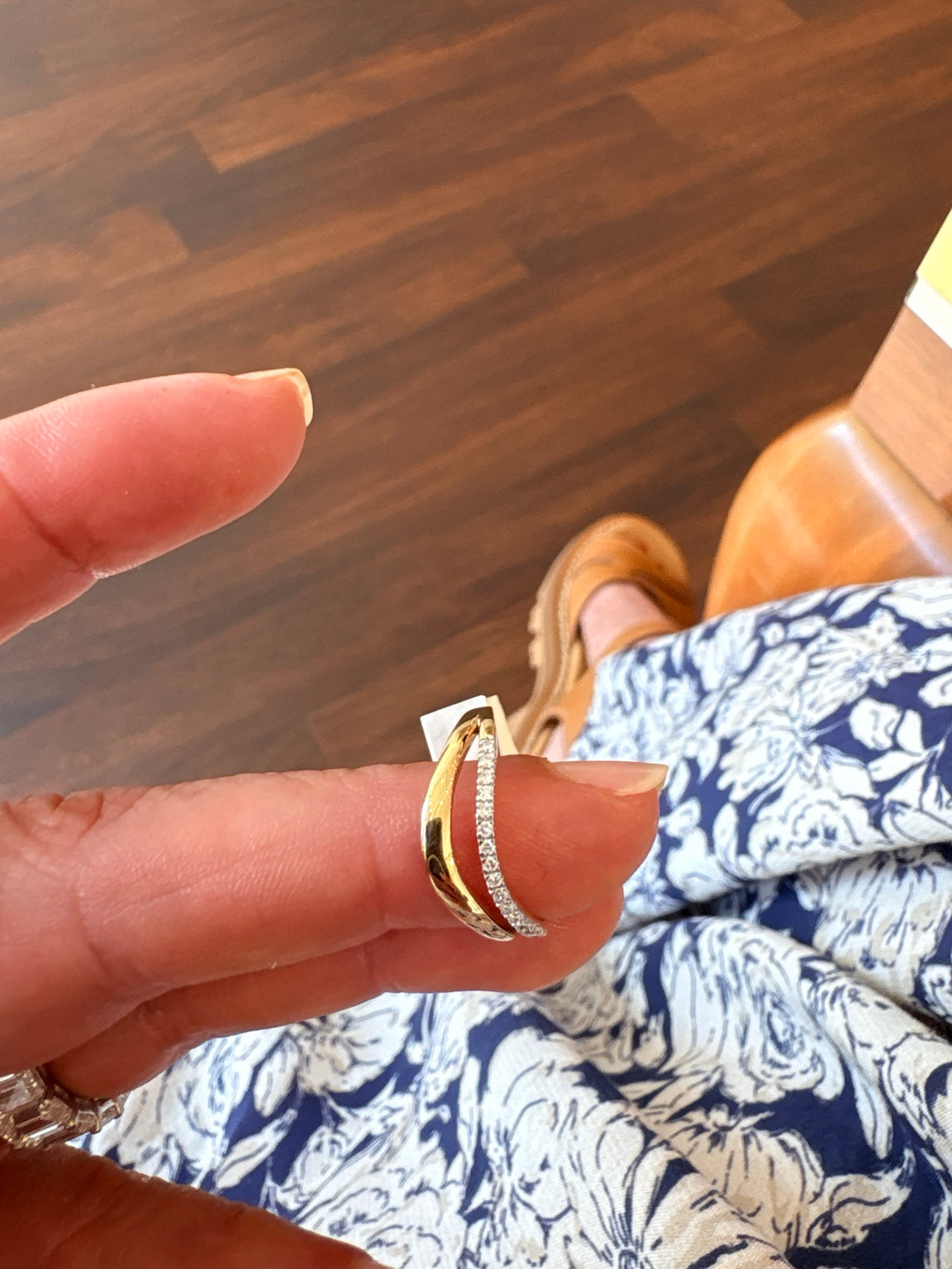 14K yellow gold double band ring with one polished band and one diamond pavé band