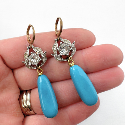 Refashioned vintage clear rhinestone and turquoise lucite earrings, alternate view 2