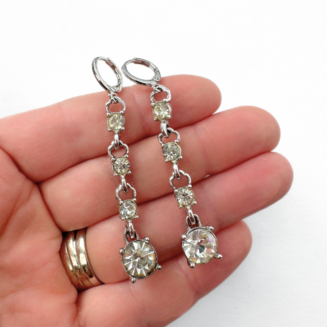 Refashioned vintage clear rhinestone link earrings, alternate view 2
