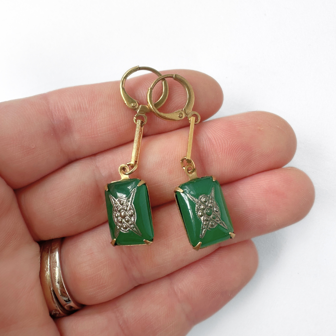 Refashioned vintage green and silver deco drop earrings, alternate view 2