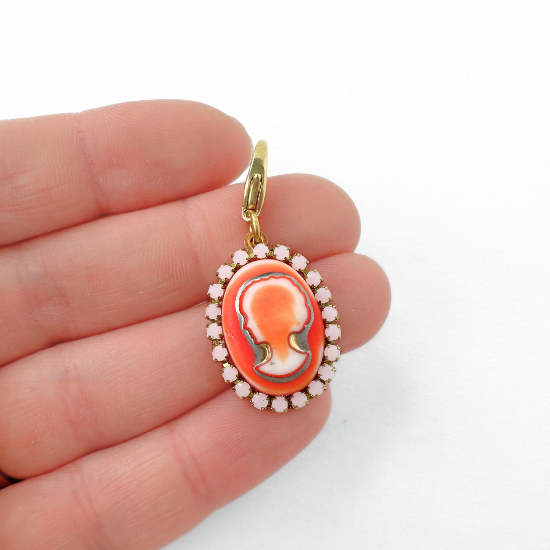 Refashioned vintage orange and pink glass oval cameo charm, alternate view 2