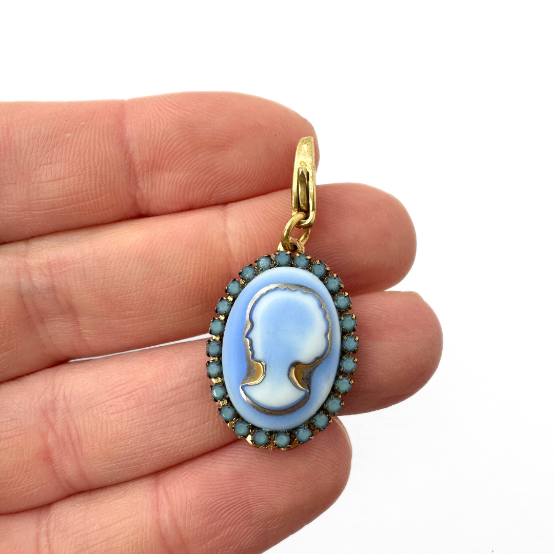 Refashioned vintage periwinkle blue glass oval cameo charm, alternate view 2