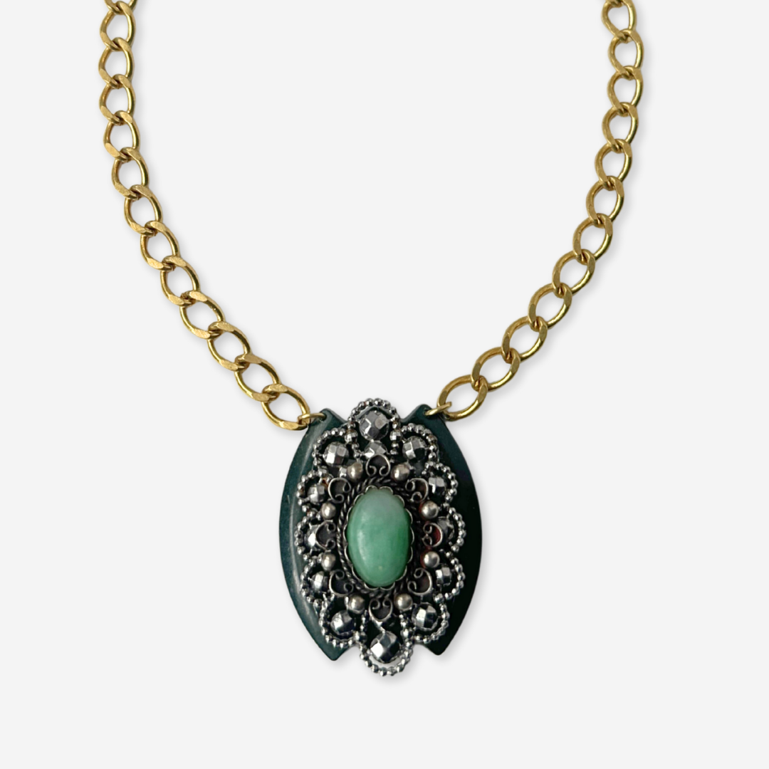 Repurposed Vintage layered green and steel cut buckle assemblage pendant, alternate view 2