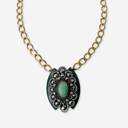 Repurposed Vintage layered green and steel cut buckle assemblage pendant, alternate view 2