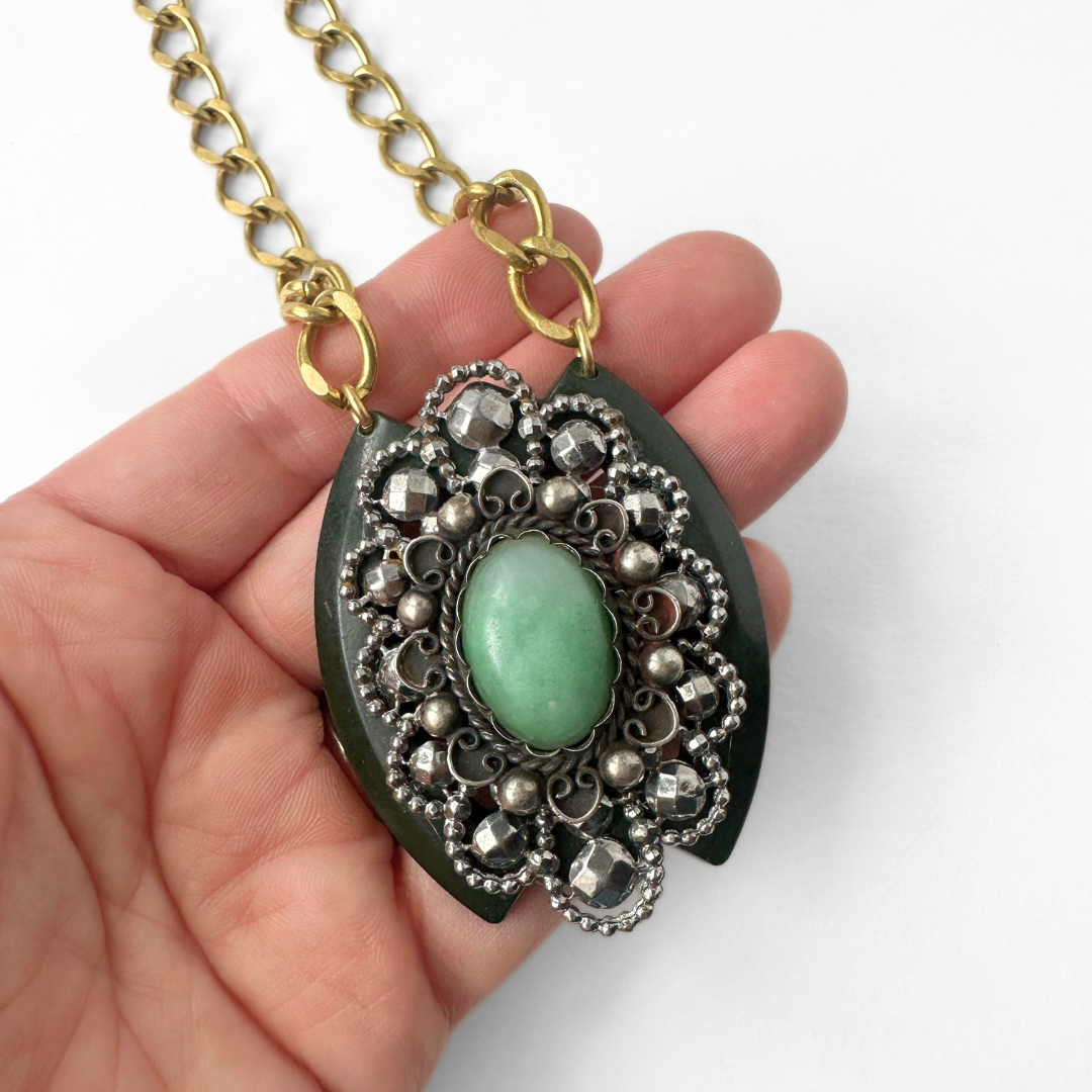 Repurposed Vintage layered green and steel cut buckle assemblage pendant, alternate view 3