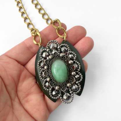 Repurposed Vintage layered green and steel cut buckle assemblage pendant, alternate view 3