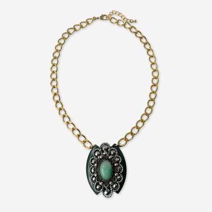 Repurposed Vintage layered green and steel cut buckle assemblage pendant