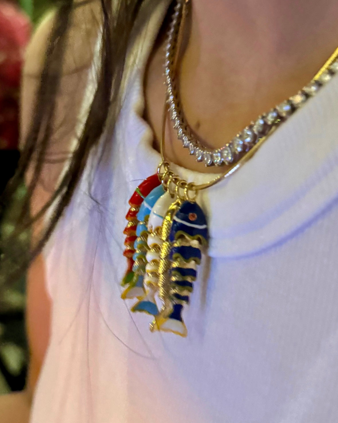 Sardine Summer Articulated Enamel Fish Charm Necklace, alternate view 2