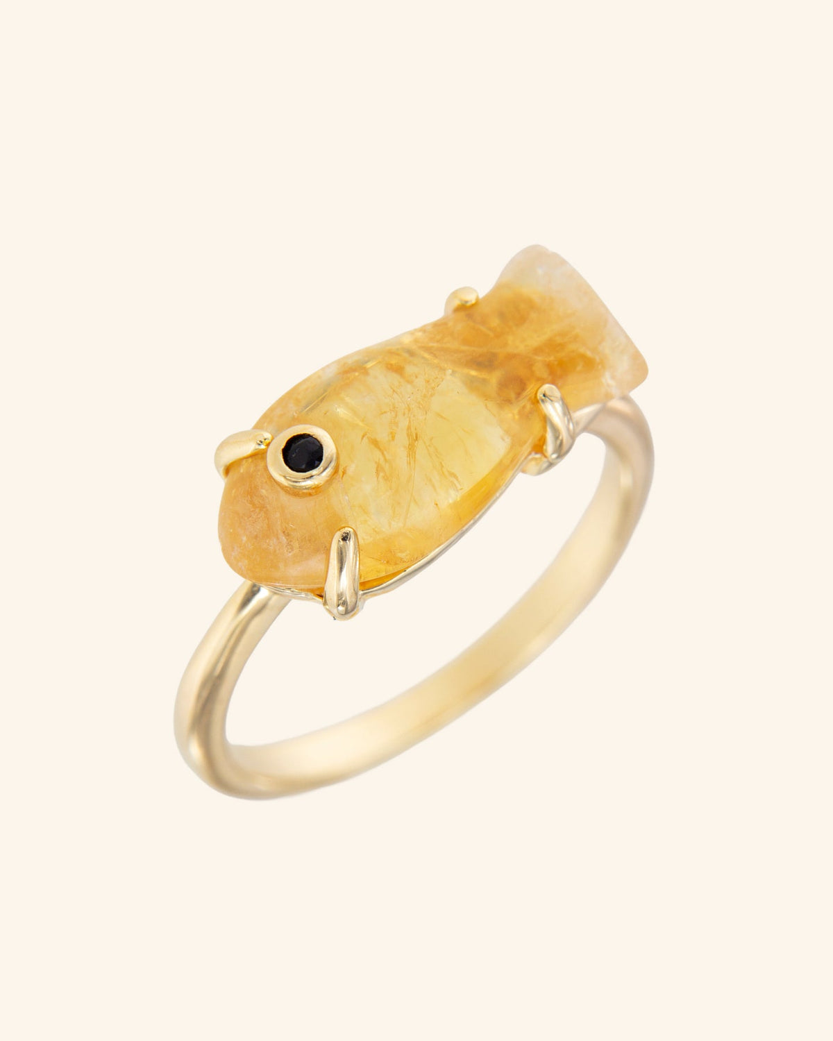 Citrine quartz fish ring in champagne gold plated sterling silver