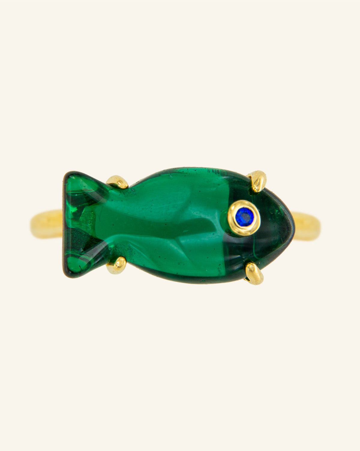 Emerald green zircon fish ring in champagne gold plated sterling silver