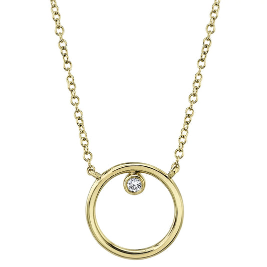 14K yellow gold natural diamond bezel open circle necklace