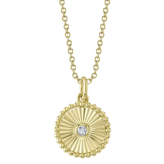 14K Yellow Gold Diamond Bezel Ribbed Circle Necklace
