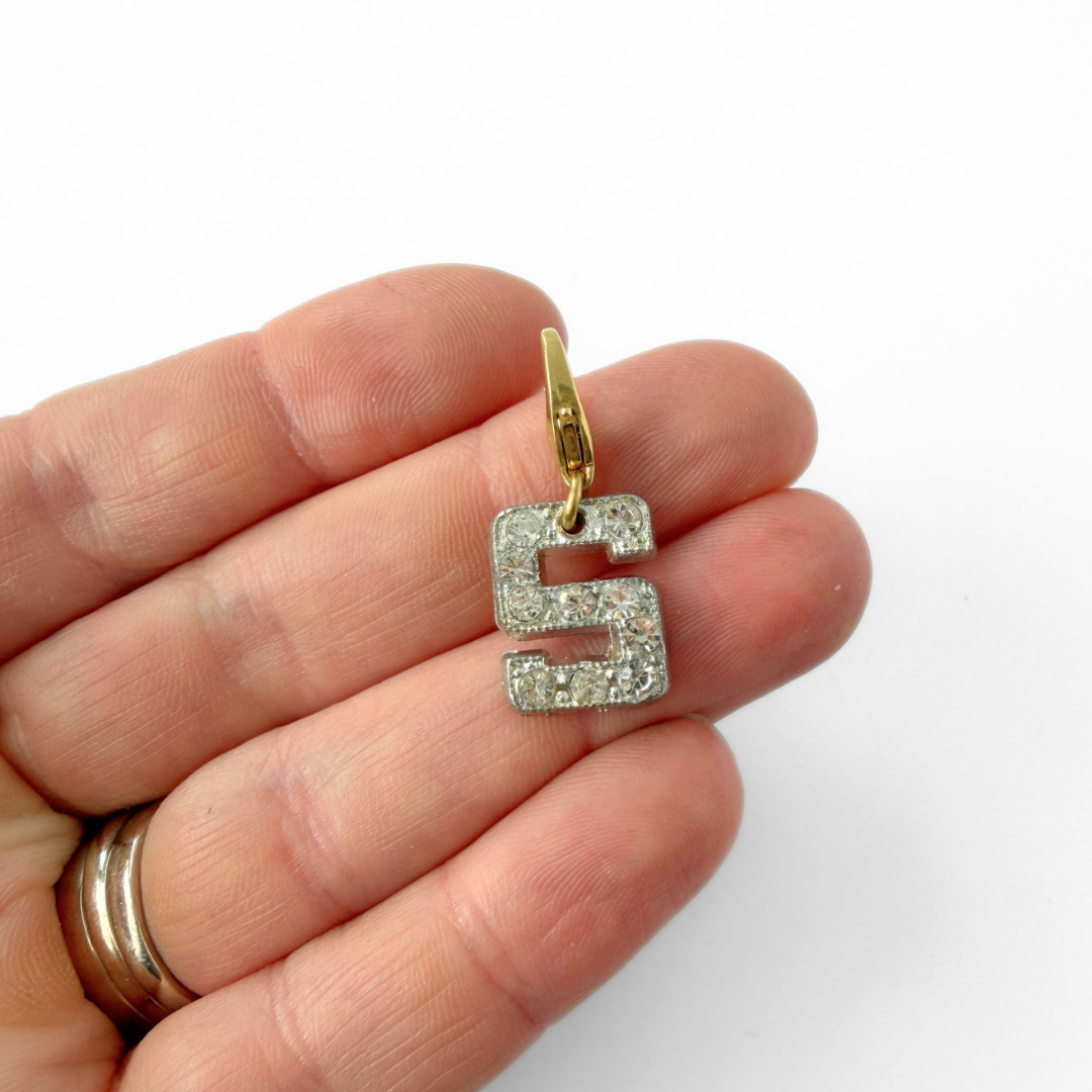 Small vintage clear rhinestone letter "S" charm, alternate view 2
