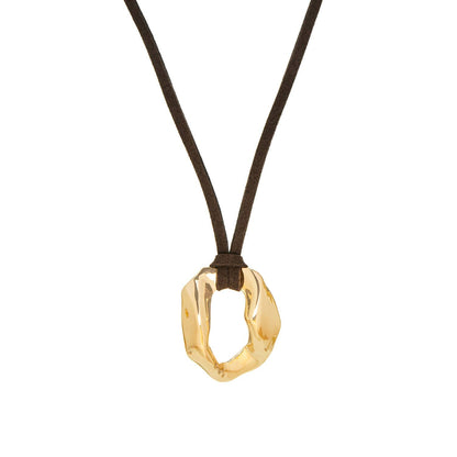Brown Suede Cord Necklace with Sculptural Gold Circle Pendant