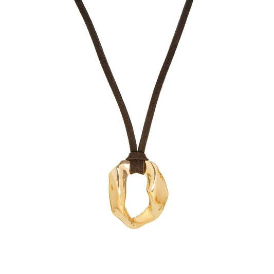 Brown Suede Cord Necklace with Sculptural Gold Circle Pendant