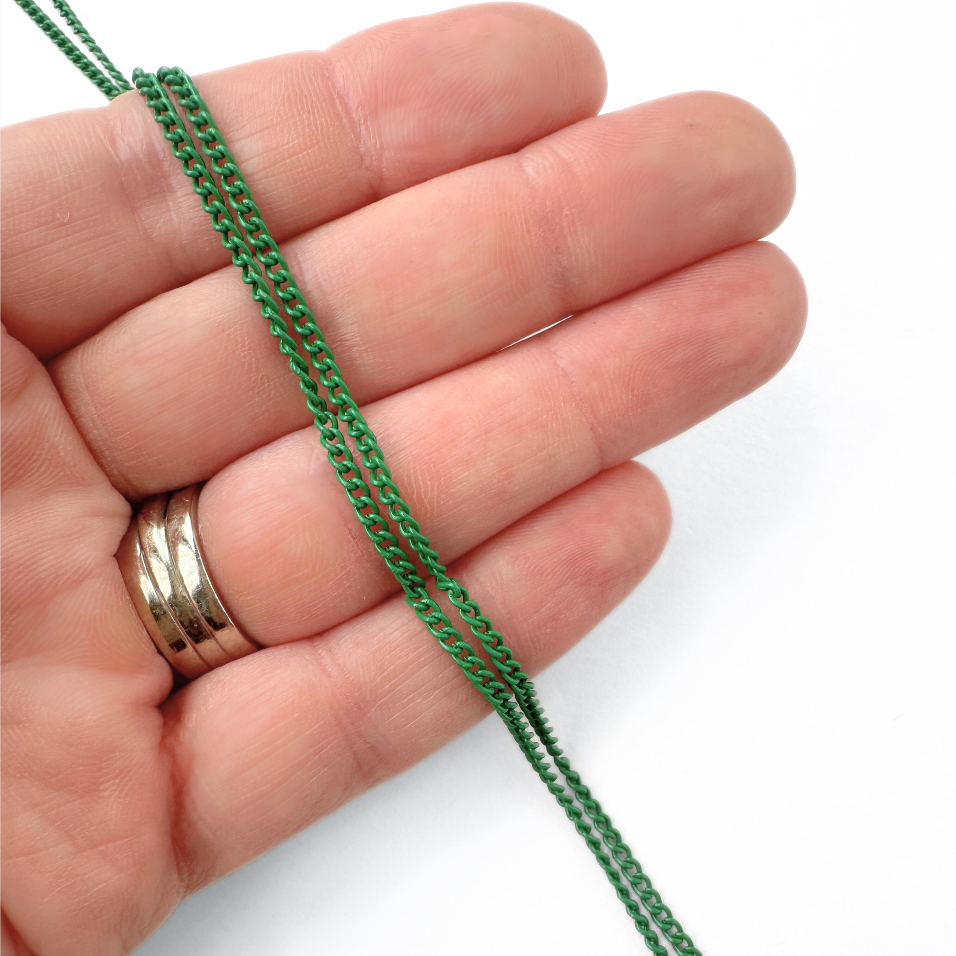 Thin electroplated matte green blank curb chain, alternate view 2