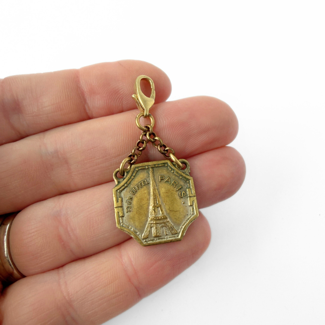 Vintage aged brass Parisian landmark medal charm: Eiffel Tower, alternate view 2