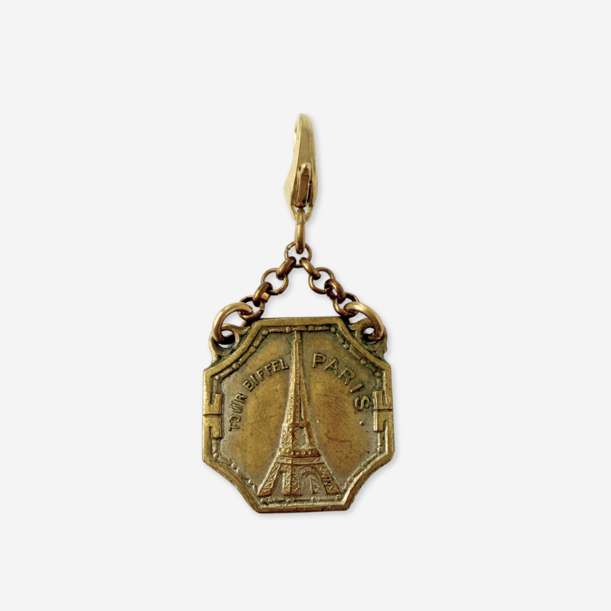 Vintage aged brass Parisian landmark medal charm: Eiffel Tower