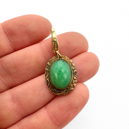 Vintage art nouveau oval jade stone and aged brass charm, alternate view 2