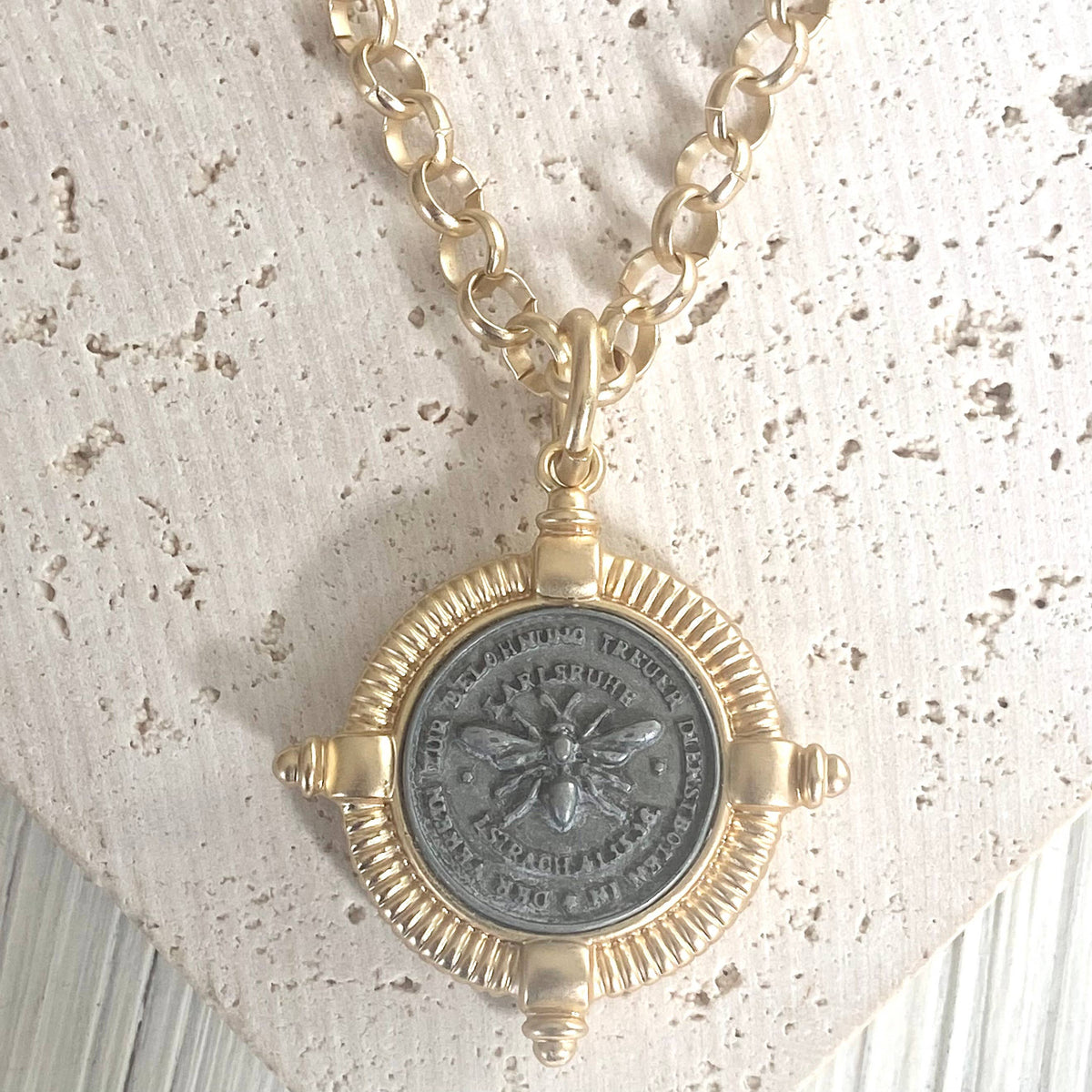 Vintage Bee Coin Medallion Necklace, alternate view 2