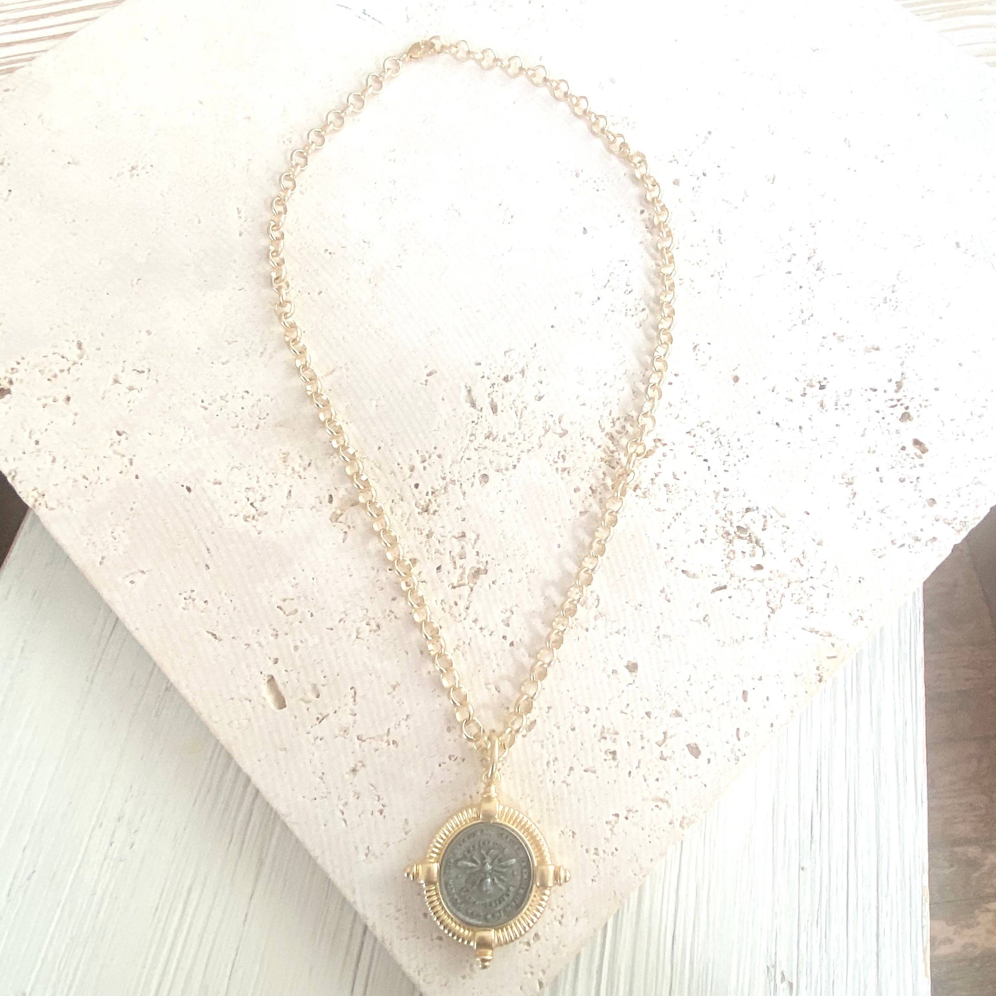 Vintage Bee Coin Medallion Necklace, alternate view 3
