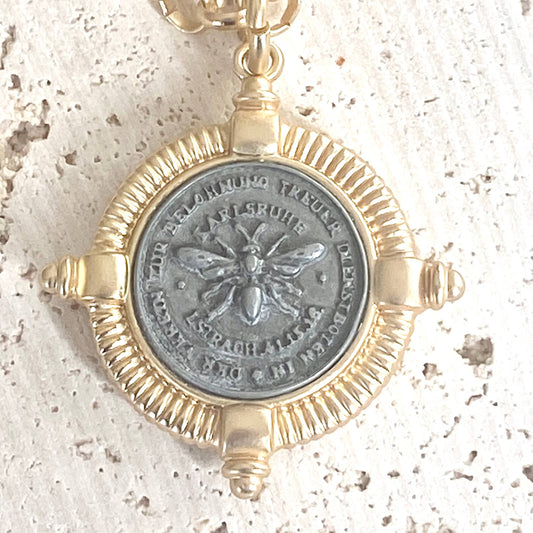 Vintage Bee Coin Medallion Necklace