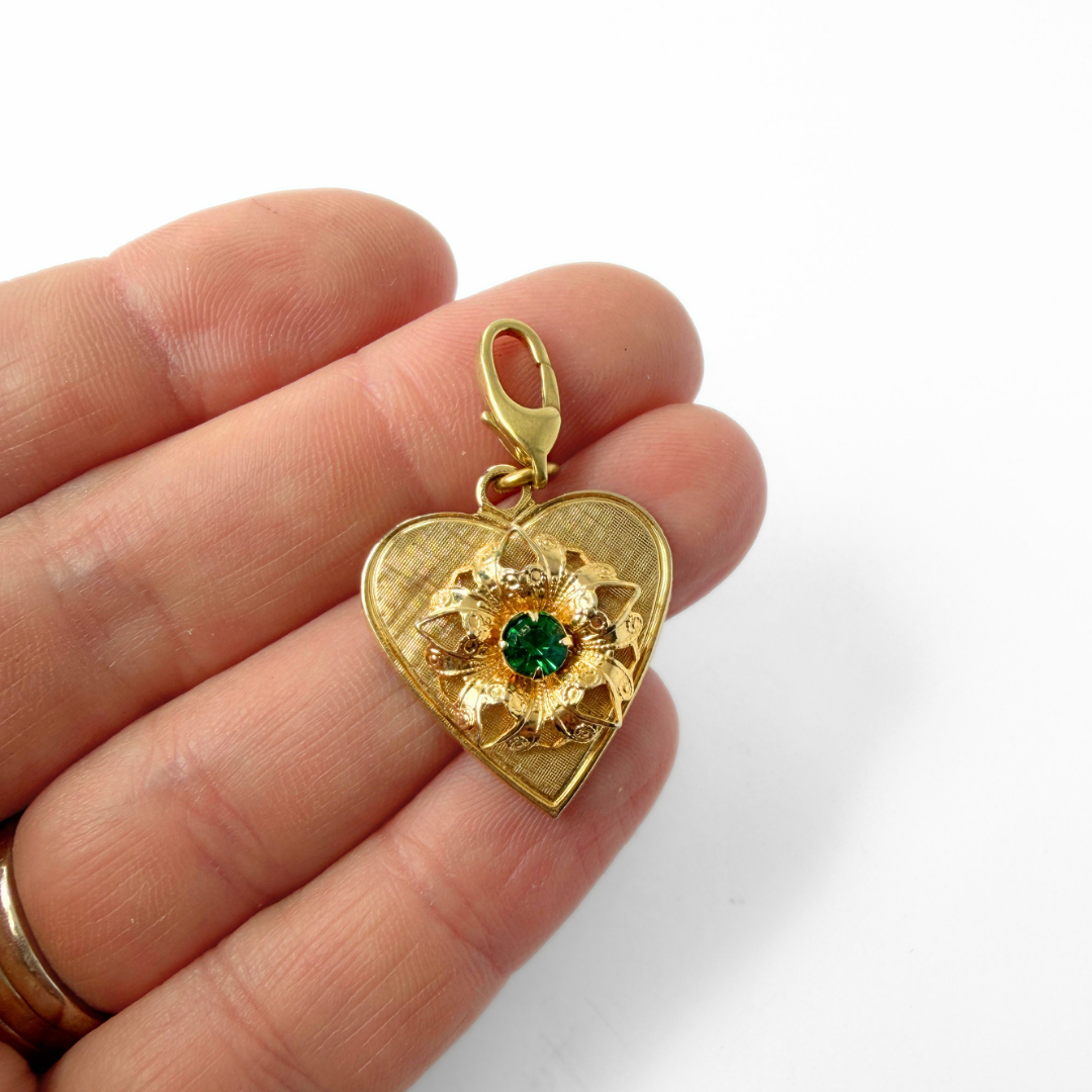 Vintage gold heart charm with green rhinestone center, alternate view 2