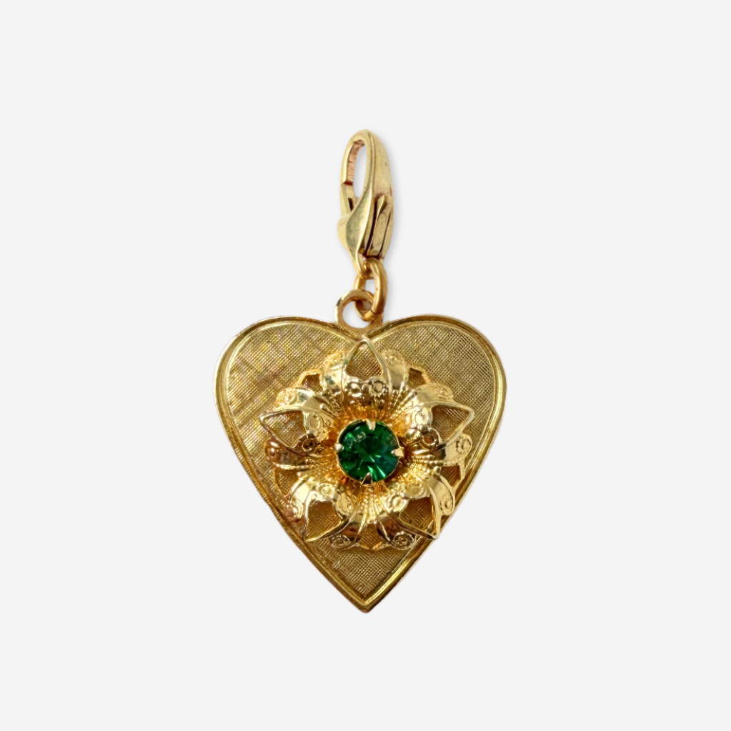 Vintage gold heart charm with green rhinestone center