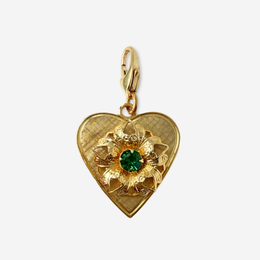 Vintage gold heart charm with green rhinestone center