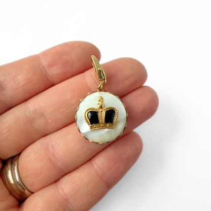 Vintage mother of pearl and black enamel crown button charm, alternate view 2