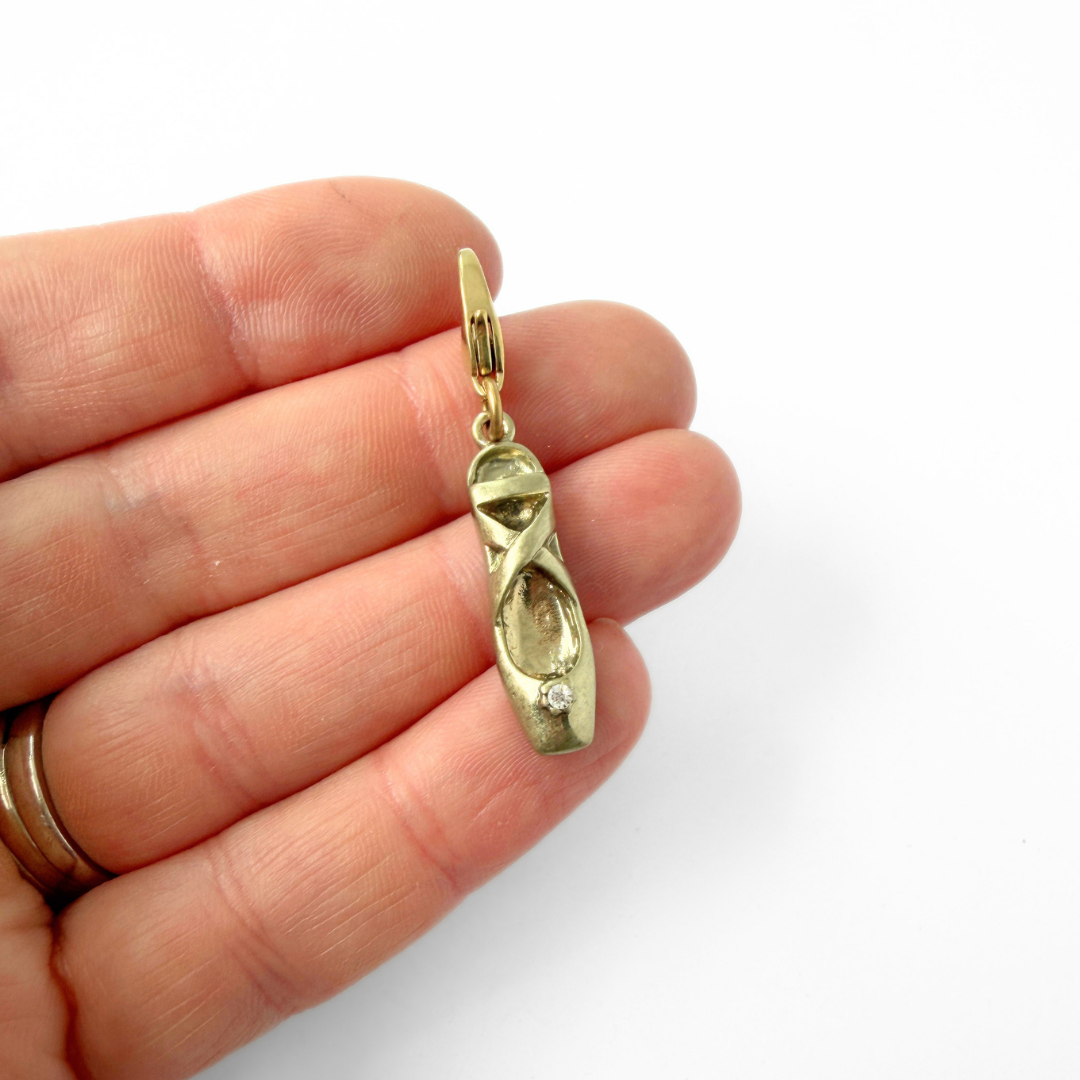 Vintage muted gold ballet slipper charm with clear rhinestone, alternate view 2