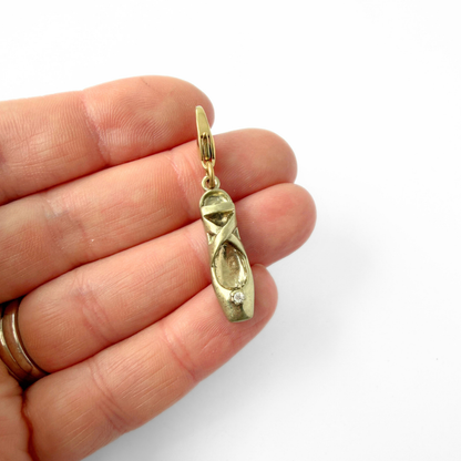 Vintage muted gold ballet slipper charm with clear rhinestone, alternate view 2