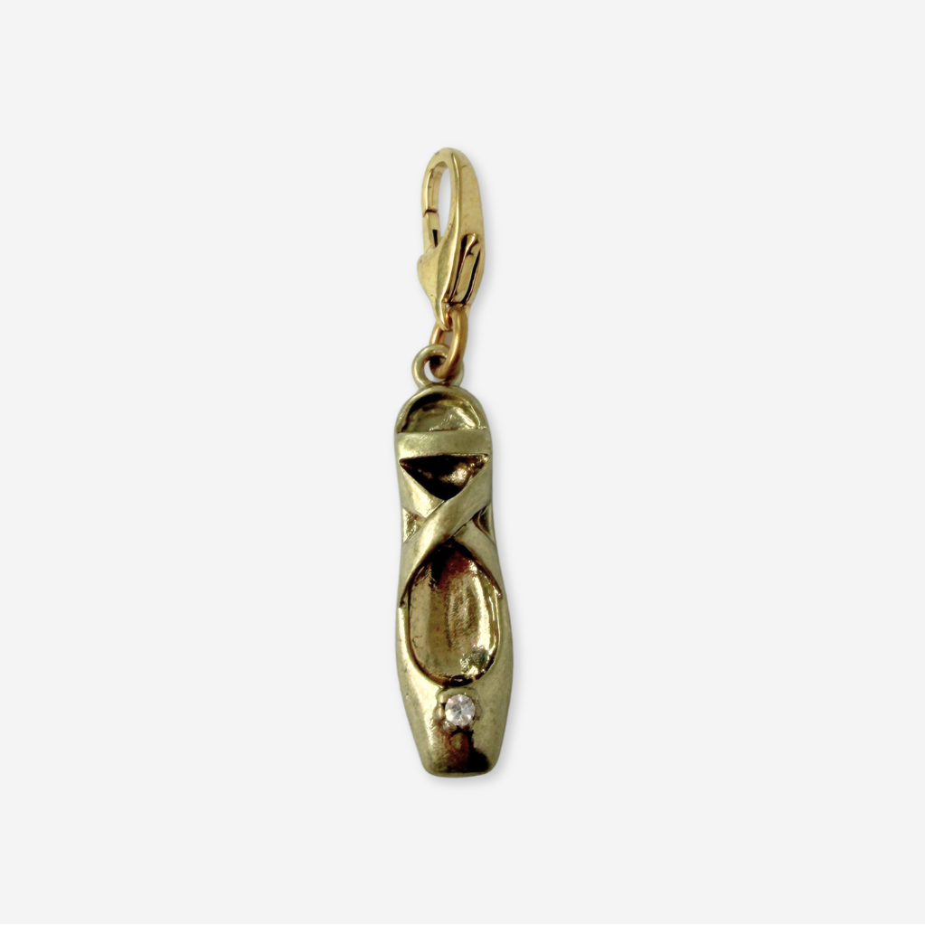 Vintage muted gold ballet slipper charm with clear rhinestone