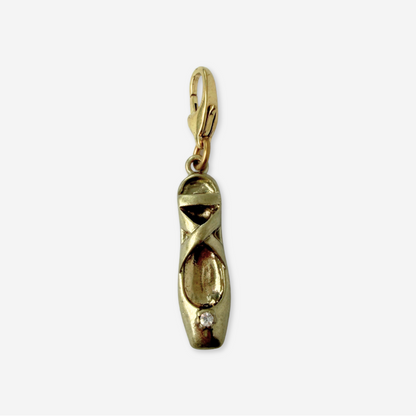 Vintage muted gold ballet slipper charm with clear rhinestone